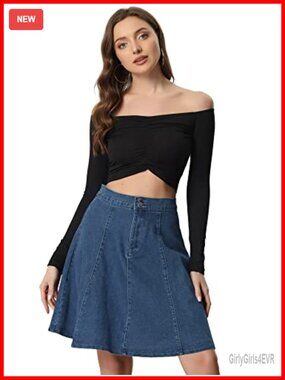 High Waist A-Line Denim Skirt Stretch Flared Pleated Casual Jean Skirt